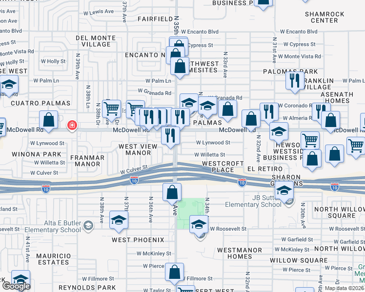 map of restaurants, bars, coffee shops, grocery stores, and more near 1515 North 34th Avenue in Phoenix