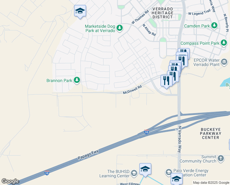 map of restaurants, bars, coffee shops, grocery stores, and more near 21089 West Almeria Road in Buckeye