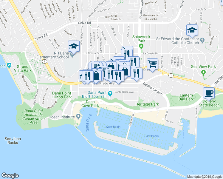 map of restaurants, bars, coffee shops, grocery stores, and more near 24501 Santa Clara Avenue in Dana Point