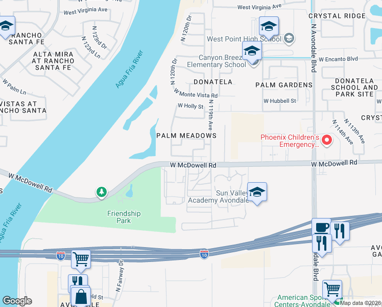 map of restaurants, bars, coffee shops, grocery stores, and more near 1714 North 119th Lane in Avondale