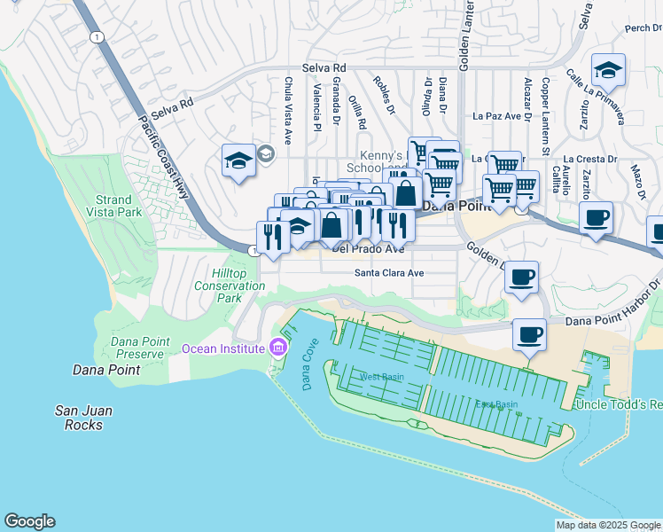 map of restaurants, bars, coffee shops, grocery stores, and more near 24442 Del Prado Avenue in Dana Point