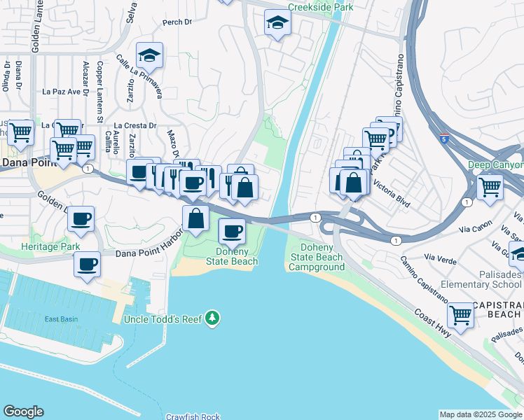 map of restaurants, bars, coffee shops, grocery stores, and more near 1632 Doheny Way in Dana Point