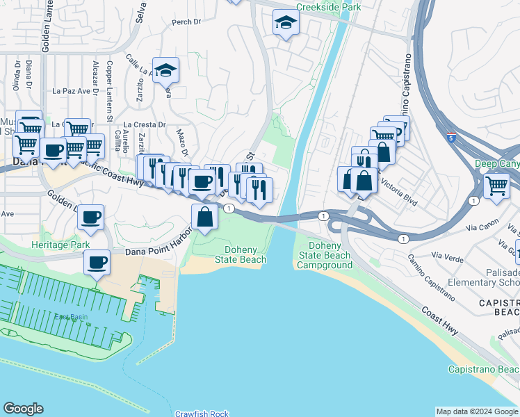 map of restaurants, bars, coffee shops, grocery stores, and more near 34352 Pacific Coast Highway in Dana Point