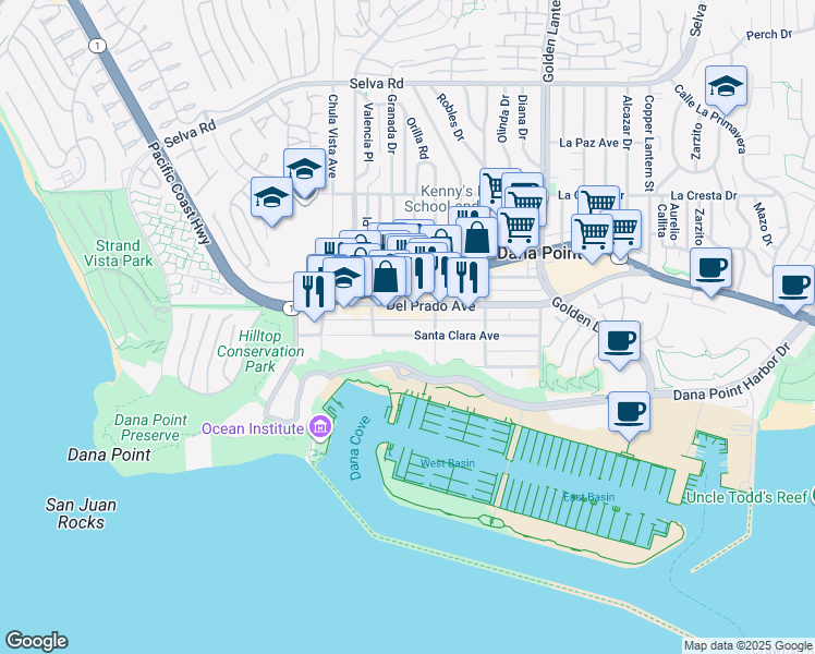 map of restaurants, bars, coffee shops, grocery stores, and more near 24442 Del Prado Avenue in Dana Point