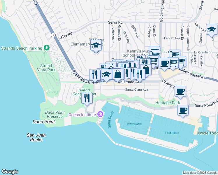 map of restaurants, bars, coffee shops, grocery stores, and more near 24311 Santa Clara Avenue in Dana Point