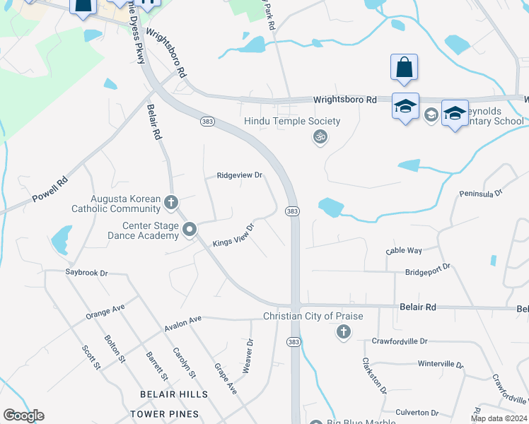 map of restaurants, bars, coffee shops, grocery stores, and more near 2929 Kings View Drive in Augusta