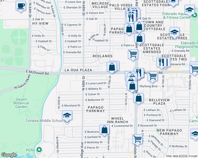 map of restaurants, bars, coffee shops, grocery stores, and more near 6861 East McDowell Road in Scottsdale