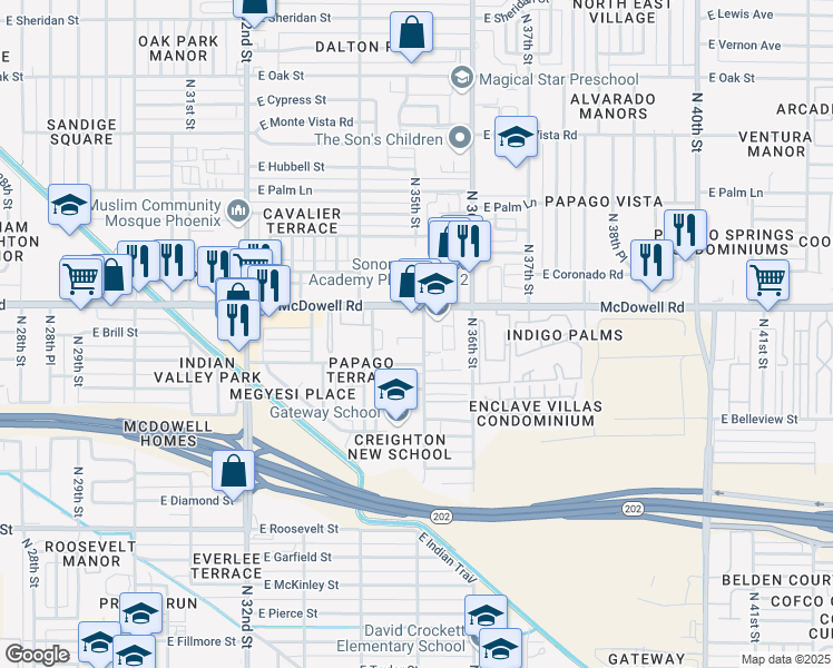 map of restaurants, bars, coffee shops, grocery stores, and more near 3447 East McDowell Road in Phoenix