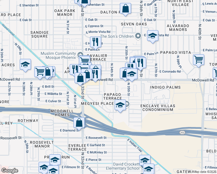 map of restaurants, bars, coffee shops, grocery stores, and more near 3323 East McDowell Road in Phoenix