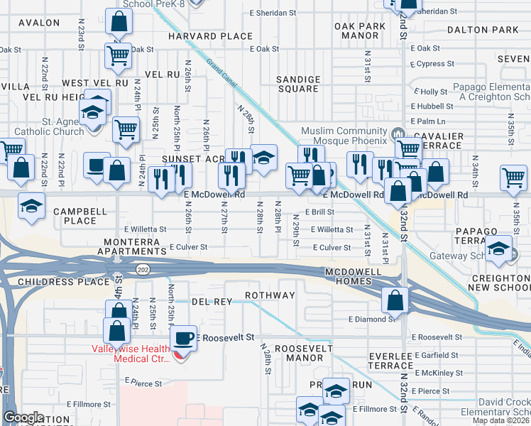 map of restaurants, bars, coffee shops, grocery stores, and more near 1503 North 28th Street in Phoenix