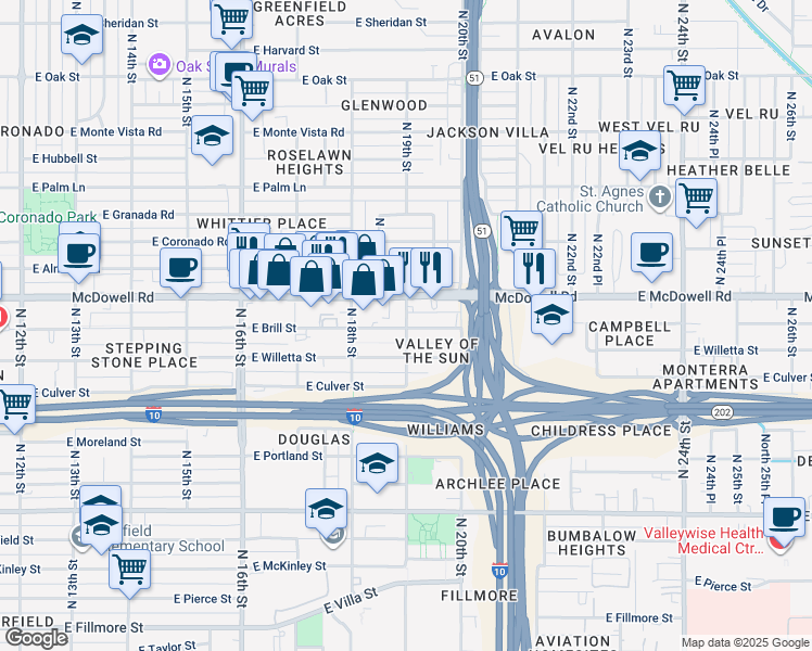 map of restaurants, bars, coffee shops, grocery stores, and more near 1902 East Brill Street in Phoenix