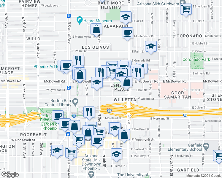 map of restaurants, bars, coffee shops, grocery stores, and more near 1430 North 5th Street in Phoenix