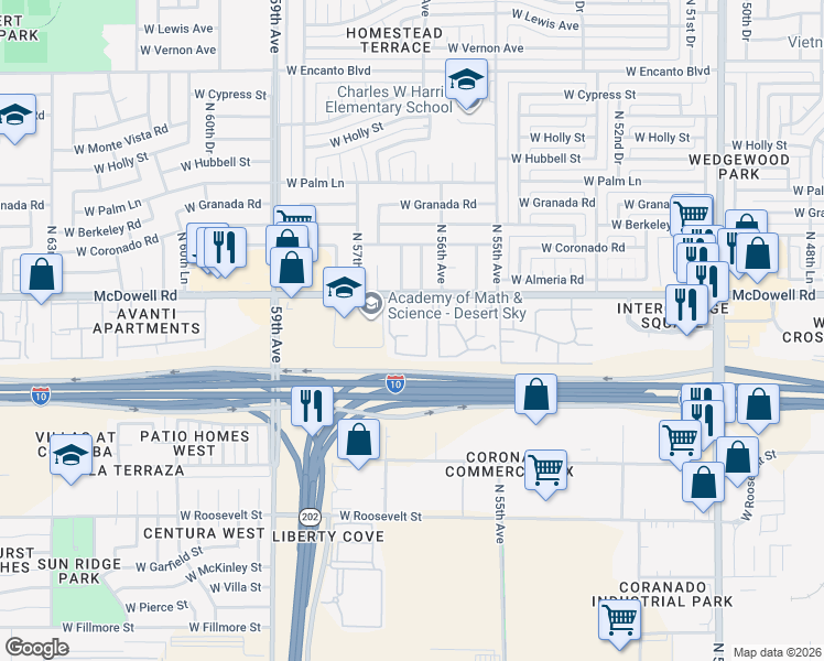 map of restaurants, bars, coffee shops, grocery stores, and more near 5601 West McDowell Road in Phoenix