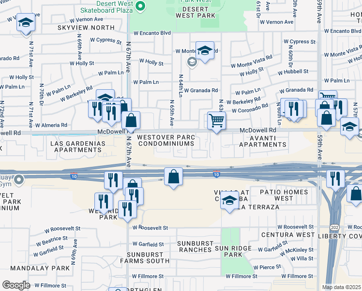 map of restaurants, bars, coffee shops, grocery stores, and more near 6441 West McDowell Road in Phoenix