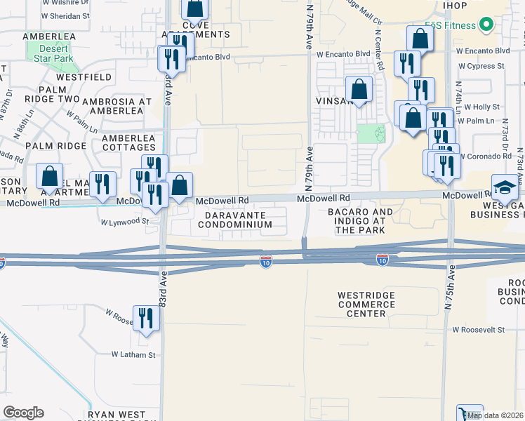 map of restaurants, bars, coffee shops, grocery stores, and more near 8006 West Colcord Canyon Road in Phoenix