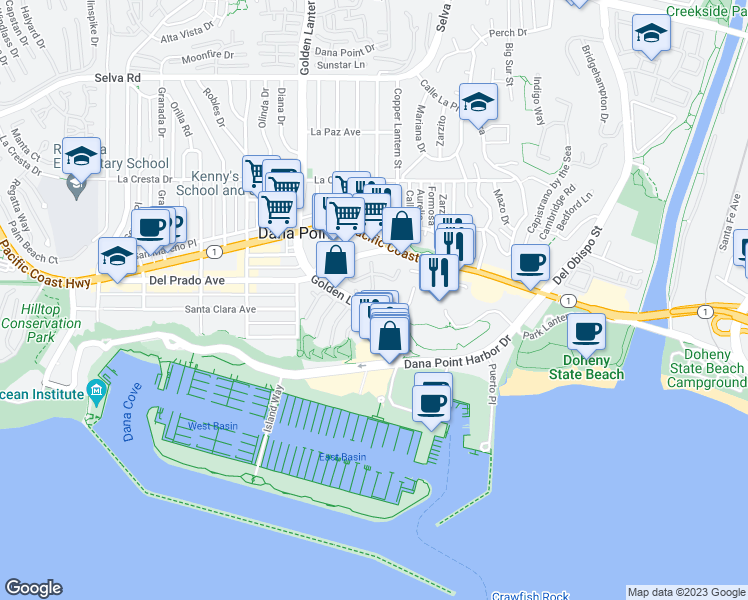 map of restaurants, bars, coffee shops, grocery stores, and more near 34300 Lantern Bay Drive in Dana Point