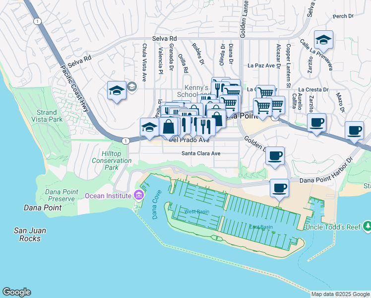 map of restaurants, bars, coffee shops, grocery stores, and more near 34270 Street of the Amber Lantern in Dana Point
