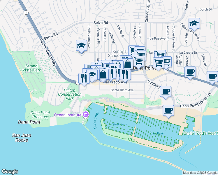 map of restaurants, bars, coffee shops, grocery stores, and more near 24442 Del Prado Avenue in Dana Point