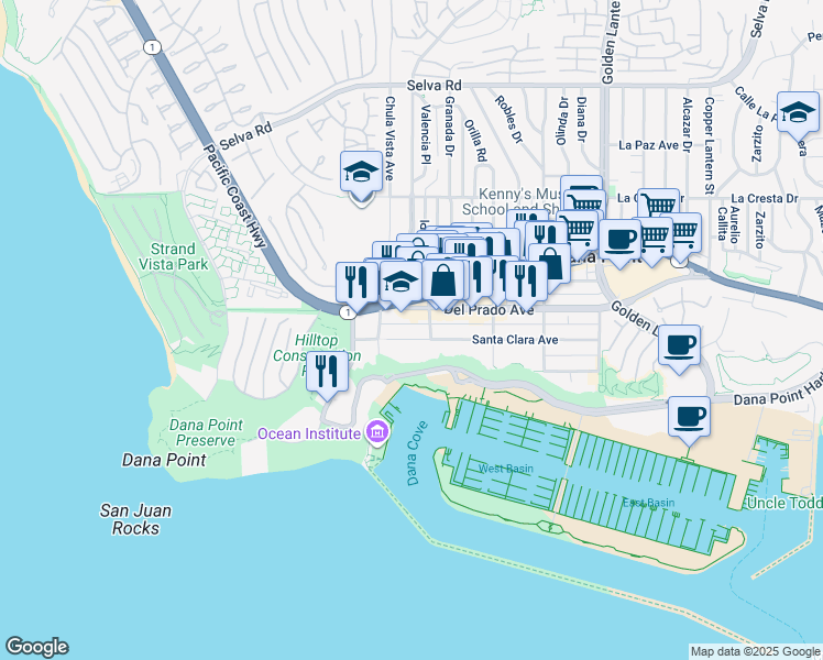 map of restaurants, bars, coffee shops, grocery stores, and more near 24322 Del Prado Avenue in Dana Point