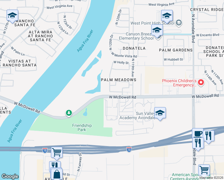 map of restaurants, bars, coffee shops, grocery stores, and more near 12021 West Coronado Road in Avondale