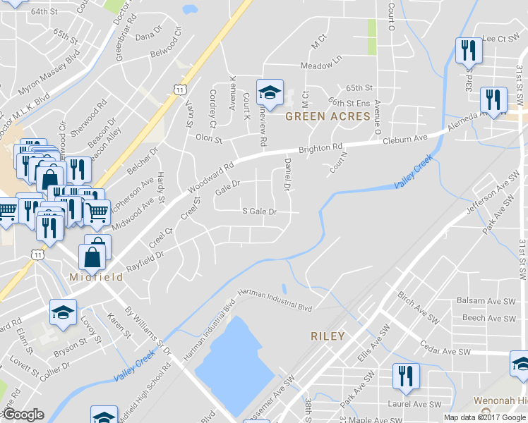 map of restaurants, bars, coffee shops, grocery stores, and more near 1001 Ann Street in Birmingham