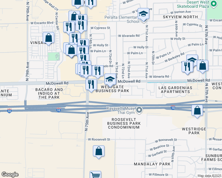 map of restaurants, bars, coffee shops, grocery stores, and more near 7318 West Lynwood Street in Phoenix