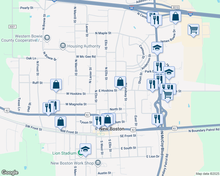 map of restaurants, bars, coffee shops, grocery stores, and more near 402 North Ellis Street in New Boston