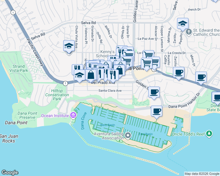 map of restaurants, bars, coffee shops, grocery stores, and more near 34270 Street of the Amber Lantern in Dana Point