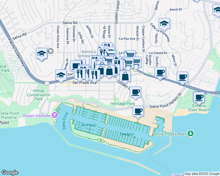 map of restaurants, bars, coffee shops, grocery stores, and more near 24685 Santa Clara Avenue in Dana Point