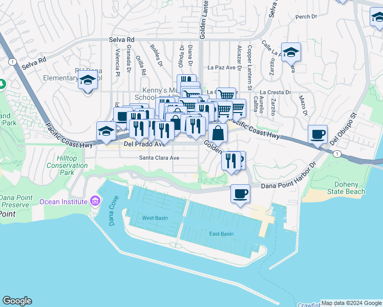 map of restaurants, bars, coffee shops, grocery stores, and more near 24711 Santa Clara Avenue in Dana Point