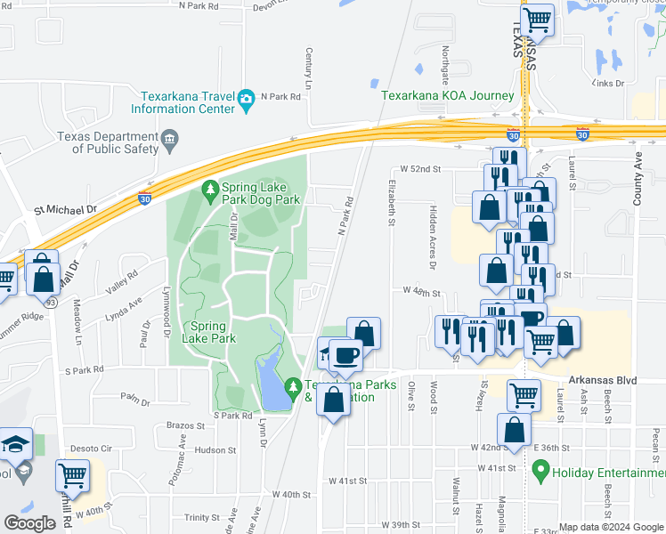 map of restaurants, bars, coffee shops, grocery stores, and more near 5005 North Park Road in Texarkana