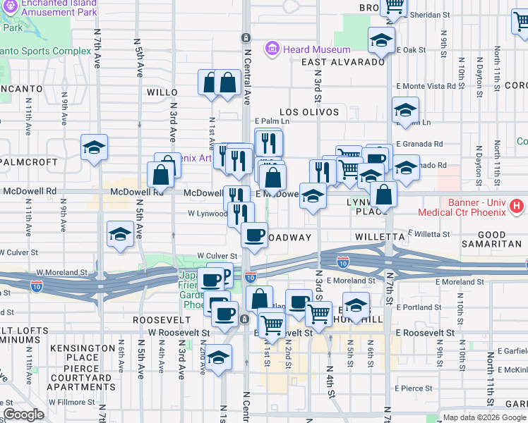 map of restaurants, bars, coffee shops, grocery stores, and more near 1 North 1st Street in Phoenix