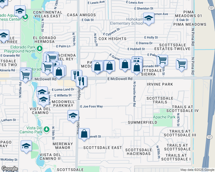 map of restaurants, bars, coffee shops, grocery stores, and more near 8201 East McDowell Road in Scottsdale