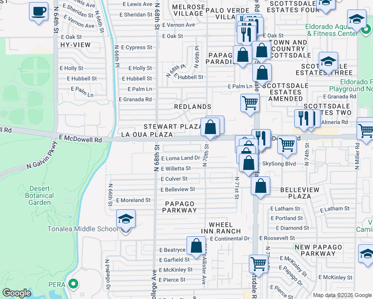 map of restaurants, bars, coffee shops, grocery stores, and more near 6861 East McDowell Road in Scottsdale