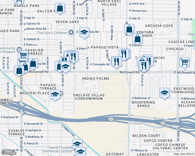 map of restaurants, bars, coffee shops, grocery stores, and more near 3777 East McDowell Road in Phoenix