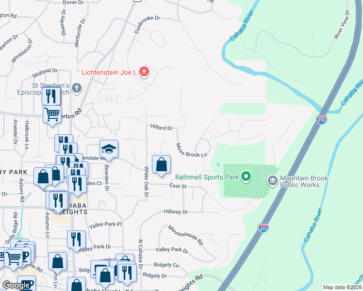 map of restaurants, bars, coffee shops, grocery stores, and more near 3418 Moss Brook Lane in Vestavia Hills