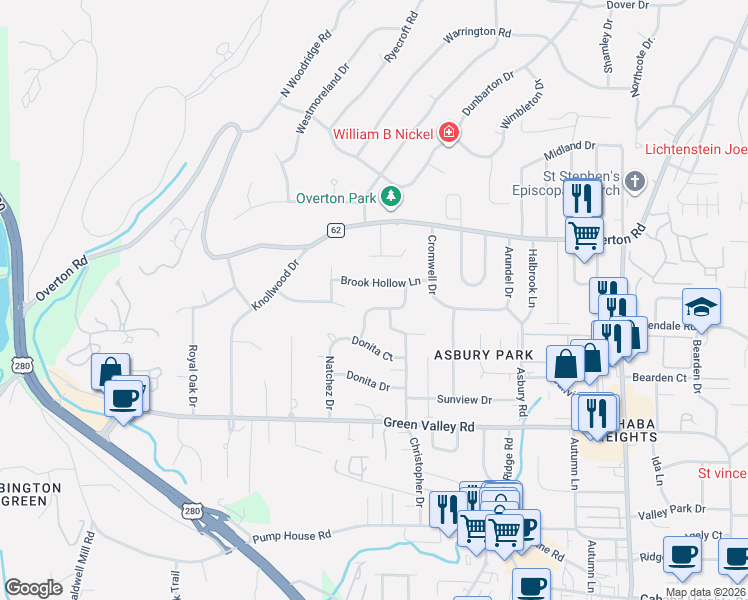 map of restaurants, bars, coffee shops, grocery stores, and more near 3845 Orleans Road in Vestavia Hills