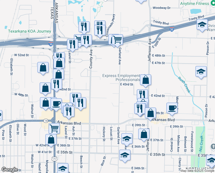map of restaurants, bars, coffee shops, grocery stores, and more near 704 East 43rd Street in Texarkana