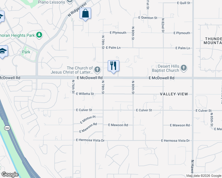 map of restaurants, bars, coffee shops, grocery stores, and more near 7826 East Willetta Street in Mesa