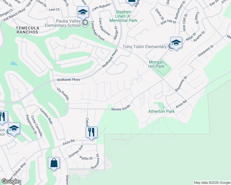 map of restaurants, bars, coffee shops, grocery stores, and more near 33378 Barmetta Lane in Temecula