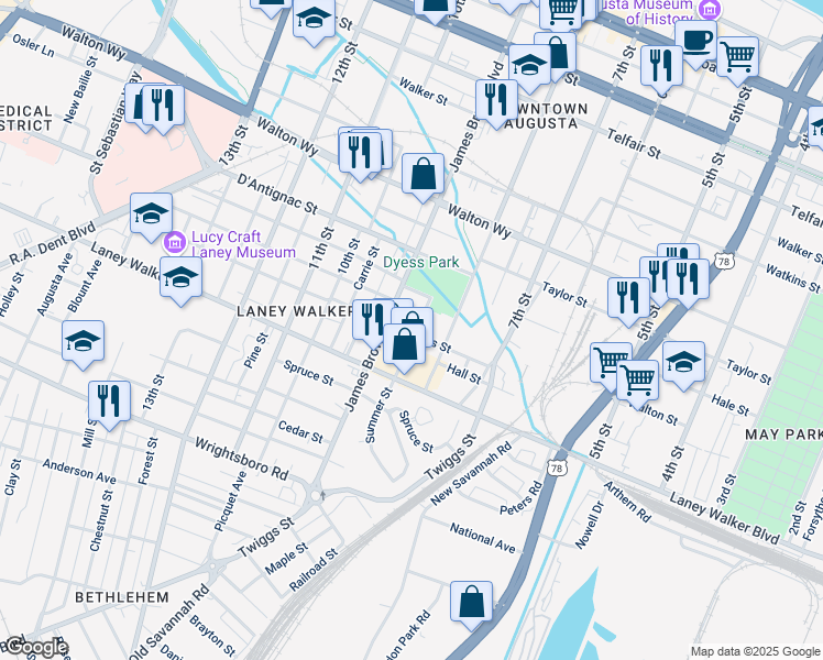 map of restaurants, bars, coffee shops, grocery stores, and more near 1029 Summer Street in Augusta