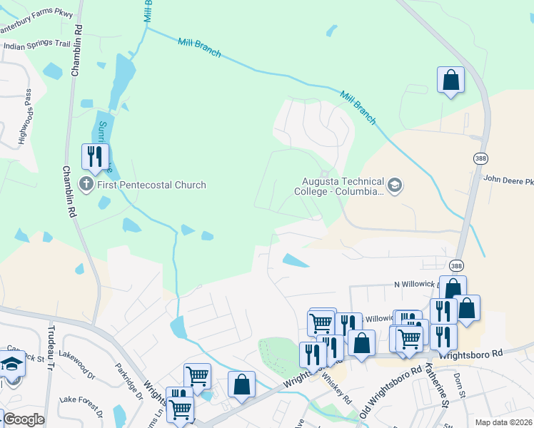 map of restaurants, bars, coffee shops, grocery stores, and more near 420 Whiskey Road in Grovetown