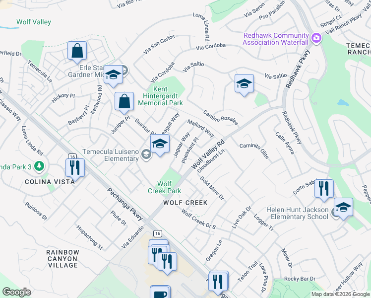 map of restaurants, bars, coffee shops, grocery stores, and more near 45651 Pheasant Place in Temecula