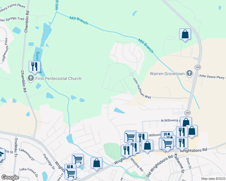 map of restaurants, bars, coffee shops, grocery stores, and more near 420 Whiskey Road in Grovetown