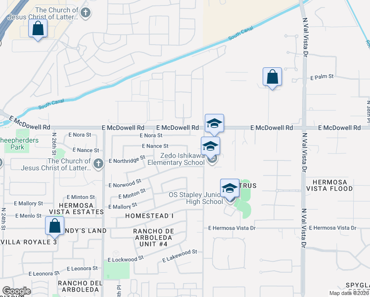 map of restaurants, bars, coffee shops, grocery stores, and more near 3115 East Nance Street in Mesa