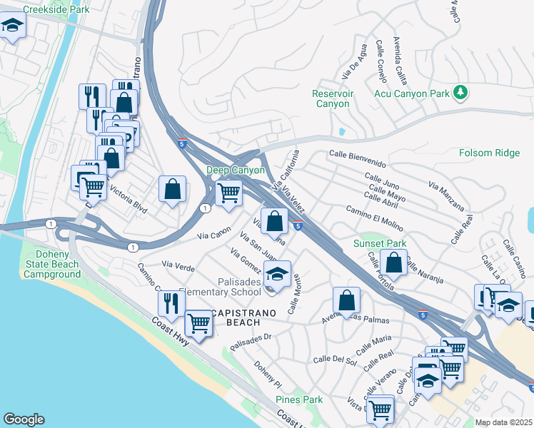 map of restaurants, bars, coffee shops, grocery stores, and more near 34245 Via Lopez in Dana Point