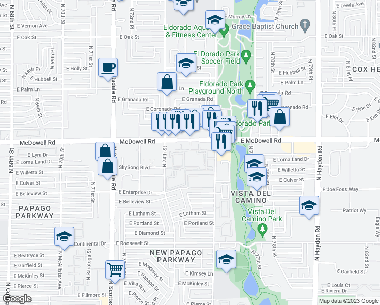 map of restaurants, bars, coffee shops, grocery stores, and more near North 75th Street in Scottsdale
