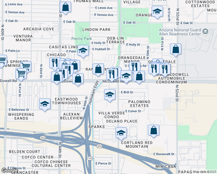 map of restaurants, bars, coffee shops, grocery stores, and more near 4707 East McDowell Road in Phoenix