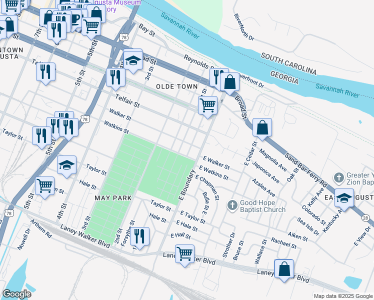 map of restaurants, bars, coffee shops, grocery stores, and more near 605 Sibley Street in Augusta