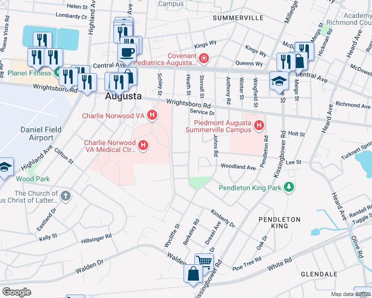 map of restaurants, bars, coffee shops, grocery stores, and more near 2351 Minto Street in Augusta